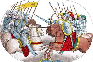 Gonfanon porté à une bataille des Croisades, dessin de Léopold Massard - reproduction © Norbert Pousseur