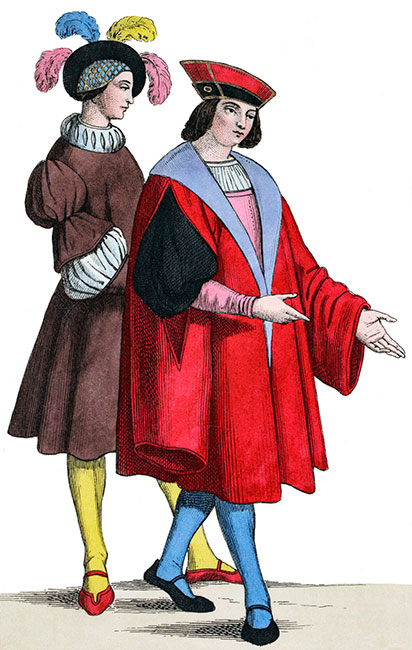 Deux bourgeois du 16ème siècle vêtus de façon flambloyante - gravure reproduite et restaurée par © Norbert Pousseur