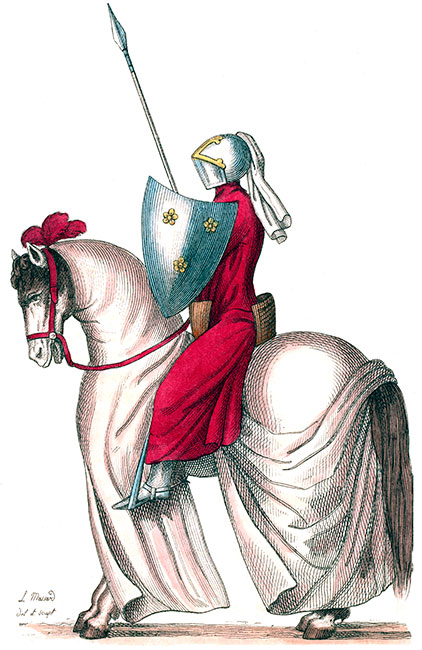 Cavalier vers le 11e siècle, sessiné par Mansard - Costumes de France - Gravure  reproduite puis restaurée par © Norbert Pousseur
