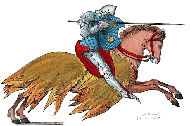 Cavalier ou gendarme au 12ème siècle, dessiné par Léopold Massard - Gravure  reproduite puis restaurée par © Norbert Pousseur
