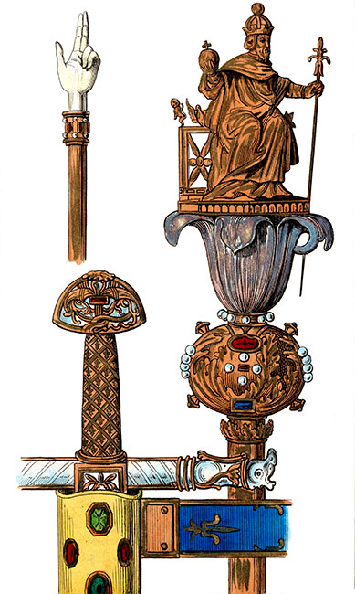 Attributs royaux de Charlemagne, roi de France - Gravure  reproduite puis restaurée par © Norbert Pousseur