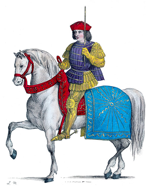 Charles VII à cheval en habit de guerre,  dessiné par Léopold Massard - Gravure  reproduite puis restaurée par © Norbert Pousseur