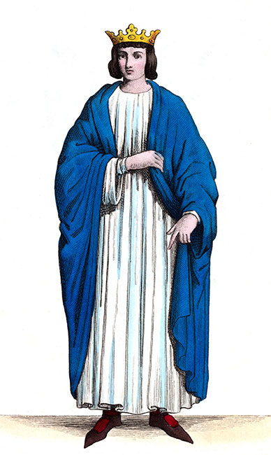 Clovis II en son costume, roi de France - Manuscrit de la Bibliothèque royale - Gravure  reproduite puis restaurée par © Norbert Pousseur