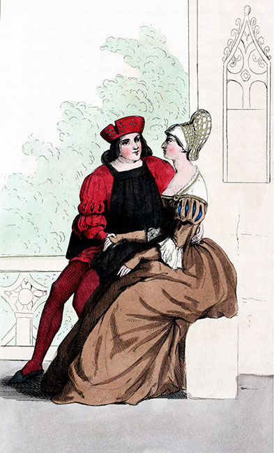 Couple au 15ème siècle, gravure  reproduite puis restaurée numériquement par © Norbert Pousseur