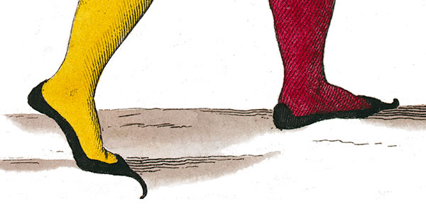 Soulier &agrave; la poulaine port&eacute; par un fauconneri du 14&egrave;me si&egrave;cle, dessin&eacute; par L&eacute;opold Massard - Gravure  reproduite puis restaur&eacute;e par &copy; Norbert Pousseur