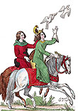 Chasse royale avec faucon au 13e siècle, dessiné par Léopold Massard - Gravure  reproduite puis restaurée par © Norbert Pousseur