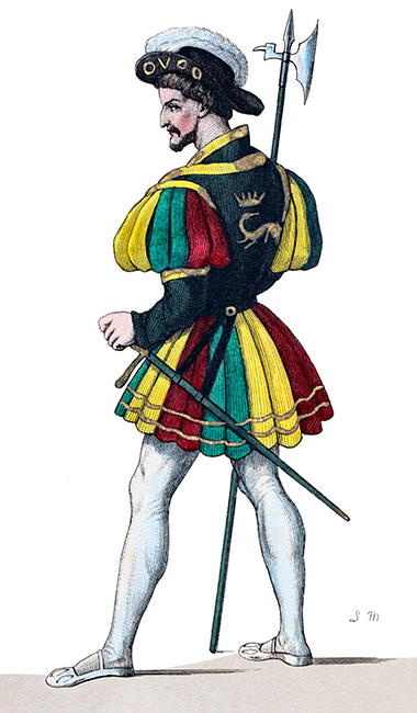 Garde du corps en corselet, au XVIe siècle, dessiné par Massard - gravure reproduite et restaurée par © Norbert Pousseur