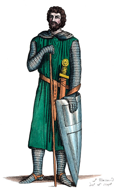 Guerrier en son costume au 11ème siècle, dessiné par Massard - Costumes de France - Gravure  reproduite puis restaurée par © Norbert Pousseur