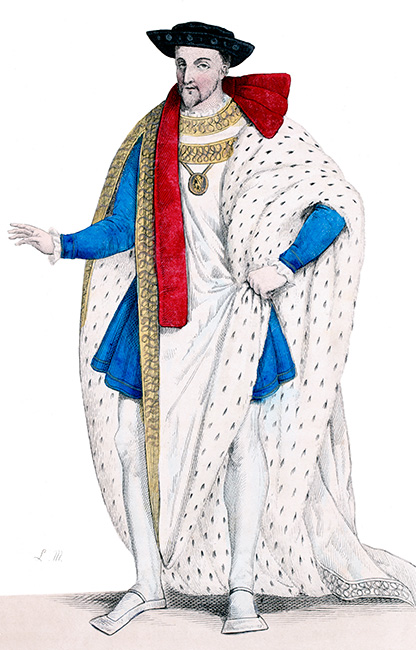 Henri II, roi de France, en costume de l'Ordre de St Michel - gravure de Léopold Massard - reproduite et restaurée par © Norbert Pousseur