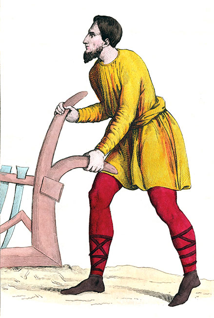 Laboureur au Moyen-âge - Costumes de France - Gravure  reproduite puis restaurée par © Norbert Pousseur