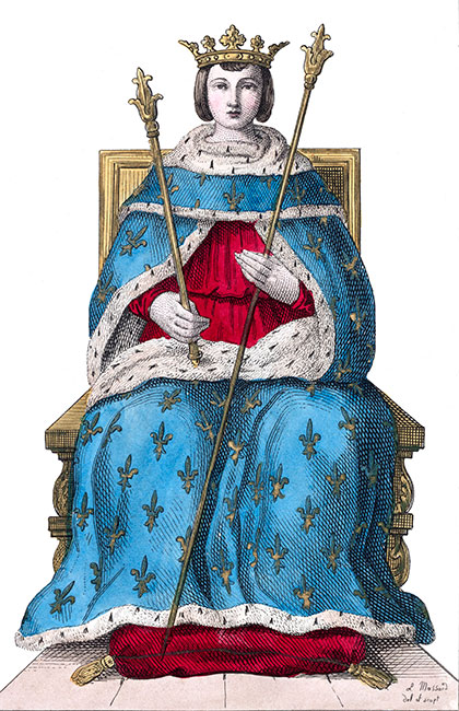 Saint Louis, sur son trône, gravure de Léopold Massad - Gravure  reproduite puis restaurée par © Norbert Pousseur