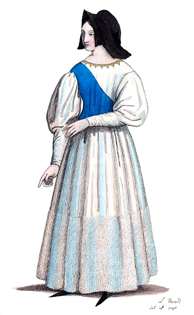 Mabille de Riez en son costume, dessiné par Léopold Massard - Gravure  reproduite puis restaurée par © Norbert Pousseur