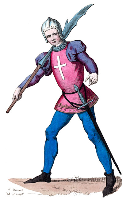 Militaire du XIVe siècle,  dessin de Léopold Massard - Gravure  reproduite puis restaurée par © Norbert Pousseur