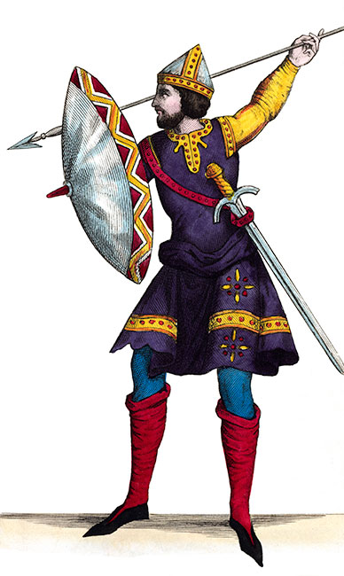 Soldat saxon du VIIe siècle - Costumes de France - Gravure  reproduite puis restaurée par © Norbert Pousseur