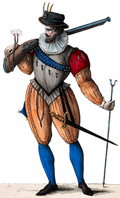 Vignette : Mousquetaire avec sa bandoulière - Gravure  reproduite puis restaurée par © Norbert Pousseur