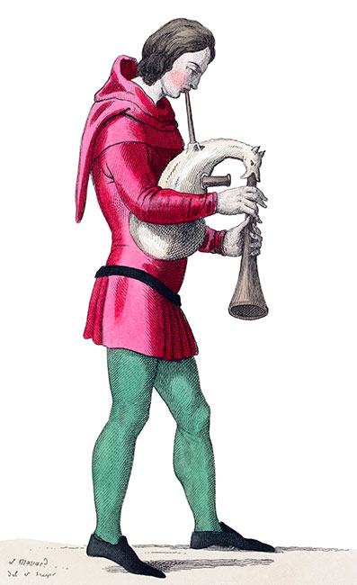 Musicien jouant de la musette au 15ème siècle,  dessin de Massard - Gravure  reproduite puis restaurée par © Norbert Pousseur