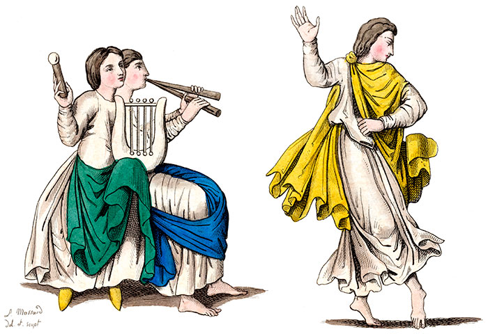 Musique et danse au 9ème siècle, dessin de Massard - Gravure  reproduite puis restaurée par © Norbert Pousseur