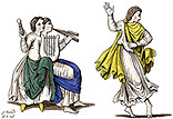 Musique et danse au 9ème siècle - Costumes de France - Gravure  reproduite puis restaurée par © Norbert Pousseur