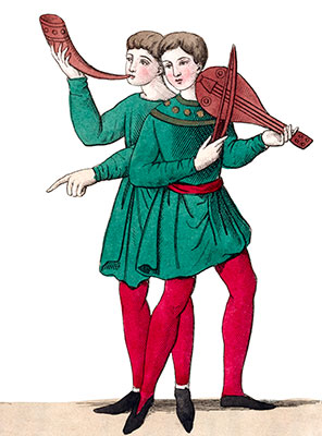Musiciens du 9ème siècle accompagnant des jongleurs - Costumes de France - Gravure  reproduite puis restaurée par © Norbert Pousseur