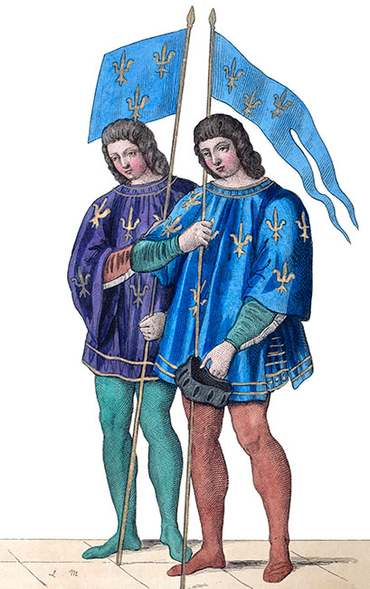 Officiers d'armes du 15e siècle, dessin de Léopold Massard - Gravure  reproduite puis restaurée par © Norbert Pousseur