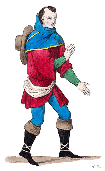 Paysan normand au XIVème siècle, dessiné par Léopold Massard - Costumes de France - Gravure  reproduite puis restaurée par © Norbert Pousseur