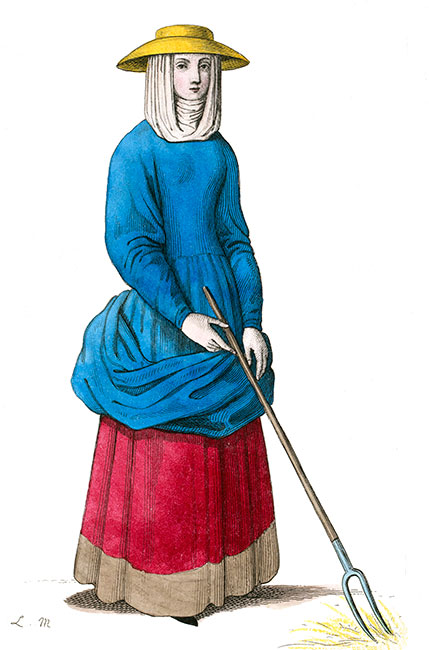 Paysanne au XIVème siècle, dessiné par Léopold Massard - Costumes de France - Gravure  reproduite puis restaurée par © Norbert Pousseur