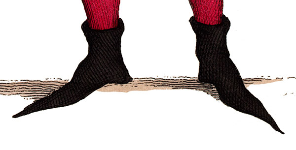 Souliers &agrave; la Poulaine port&eacute;s par Pierre, comte d'Alen&ccedil;on, dessin de L&eacute;opold Massard - reproduction &copy; Norbert Pousseur
