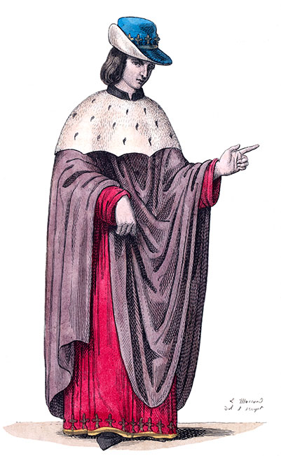 Seigneur de la cour de Charles V, dessiné par Léopold Massard - Gravure  reproduite puis restaurée par © Norbert Pousseur