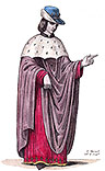 Seigneur de la cour de Charles V, dessiné par Léopold Massard - Gravure  reproduite puis restaurée par © Norbert Pousseur