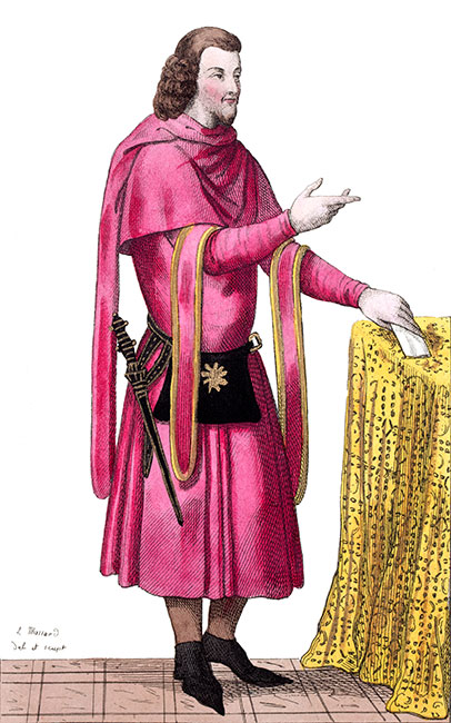 Seigneur de la cour du roi Jean,  dessiné  par Léopold Massard - Gravure  reproduite puis restaurée par © Norbert Pousseur