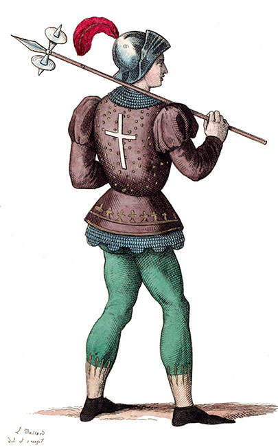 Soldat du XIVe siècle,  dessin de Léopold Massard - Gravure  reproduite puis restaurée par © Norbert Pousseur