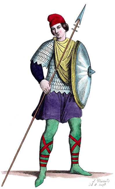Soldat du IXe siècle en son costume dessiné par Massard - Gravure  reproduite puis restaurée par © Norbert Pousseur