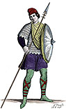 Soldat du IXe siècle en son costume dessiné par Massard - Gravure  reproduite puis restaurée par © Norbert Pousseur