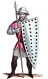 Soldat du XIVe siècle au bouclier,   dessin de Léopold Massard - Gravure  reproduite puis restaurée par © Norbert Pousseur