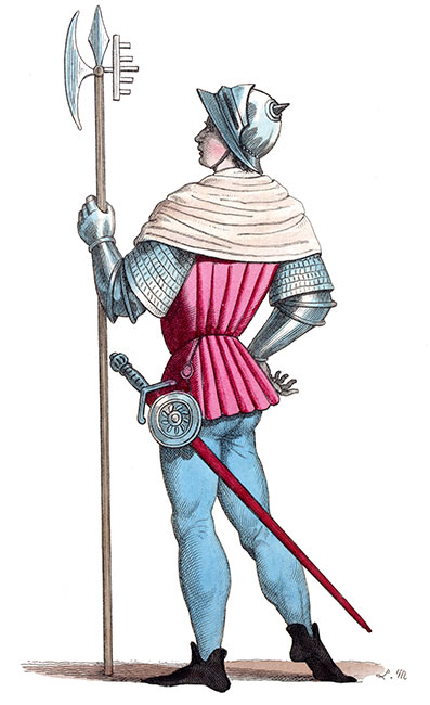 Soldat du XIVe siècle dit 'chapeau blanc',  dessin de Léopold Massard - Gravure  reproduite puis restaurée par © Norbert Pousseur
