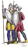 Soldats d'infanterie du Xe siècle en leurs tenues,  dessin de Massard - Gravure  reproduite puis restaurée par © Norbert Pousseur