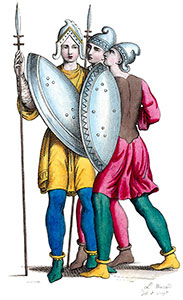 Soldats d'infanterie du Xe siècle avec leur bouclier - reproduction © Norbert Pousseur