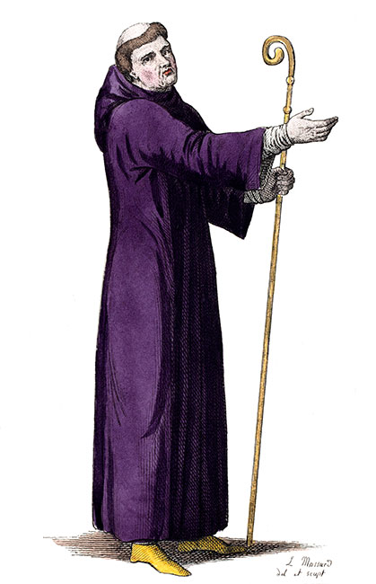 Suger, abbé de Saint Denis en son costume, dessiné par Léopold Massard - Gravure  reproduite puis restaurée par © Norbert Pousseur