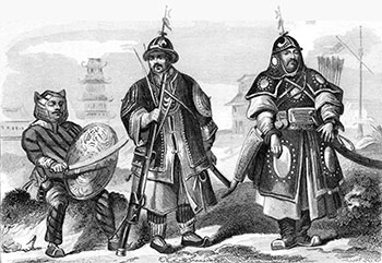 Soldats chinoiss  vers 1850 - Gravure en N&B de Demoraine reproduite puis restaurée par © Norbert Pousseur