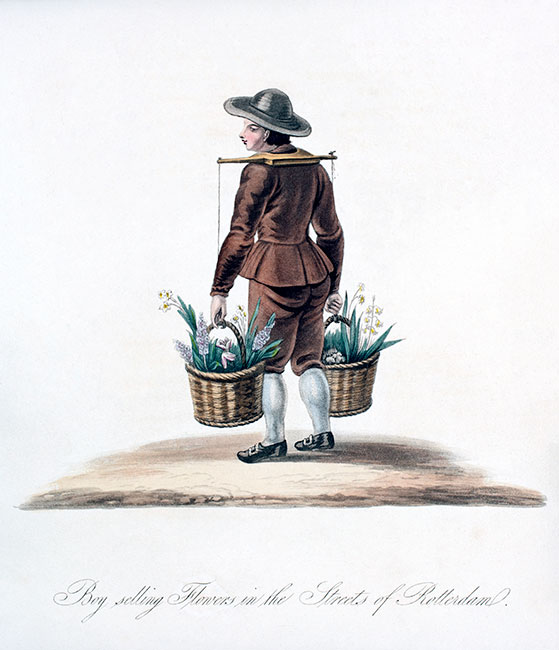 Mobiele bloemist in Rotterdam rond 1800 - Graveren gereproduceerd en digitaal gerestaureerd door © Norbert Pousseur