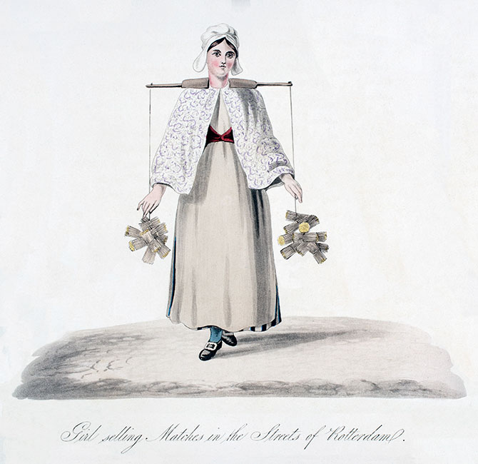 Travelling match seller with her shoulder yoke  - Engraving reproduced and digitally restored by © Norbert Pousseur