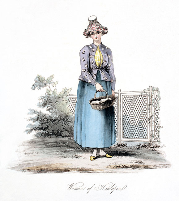 Jeune femme de Frise portant un panier, vers 1800  - Gravure  reproduite puis restaurée numériquement par © Norbert Pousseur