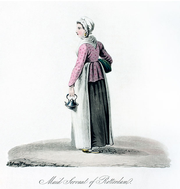 Een meid in Rotterdam rond 1800 - Graveren gereproduceerd en digitaal gerestaureerd door © Norbert Pousseur