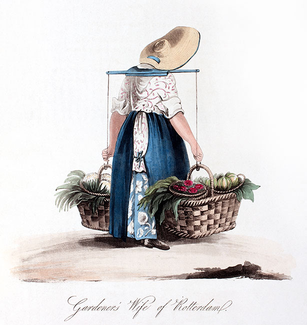 Groenteverkoopster draagt haar manden  - Graveren gereproduceerd en digitaal gerestaureerd door © Norbert Pousseur