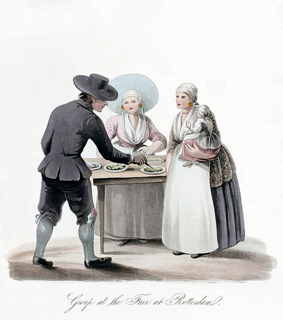 In 1800, a young Dutchman eating cucumbers and boiled eggs at the market  - Engraving reproduced and digitally restored by © Norbert Pousseur
