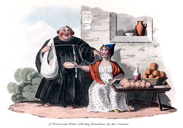 Madeira, a fat Franciscan collecting gifts, tenderly - engraving of 1821 reproduced and digitally restored by © Norbert Pousseur