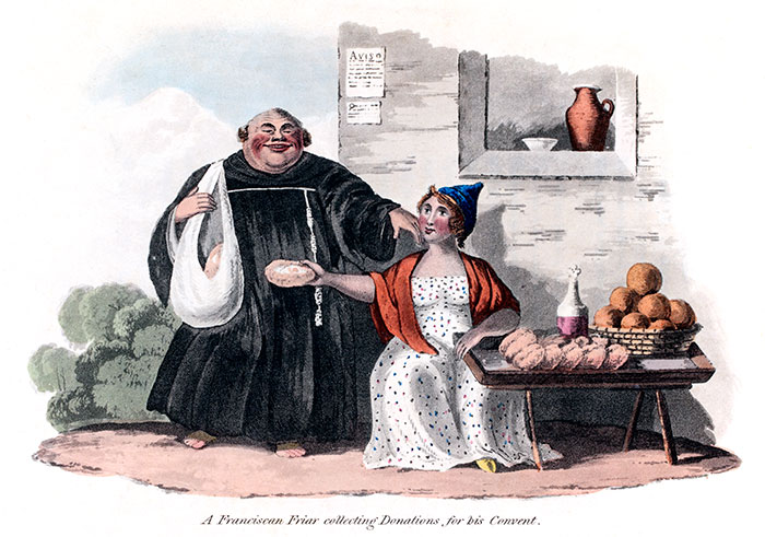 A Madère, un gros franciscain récoltant des dons, tendrement - gravure de 1821  reproduite et restaurée numériquement par © Norbert Pousseur