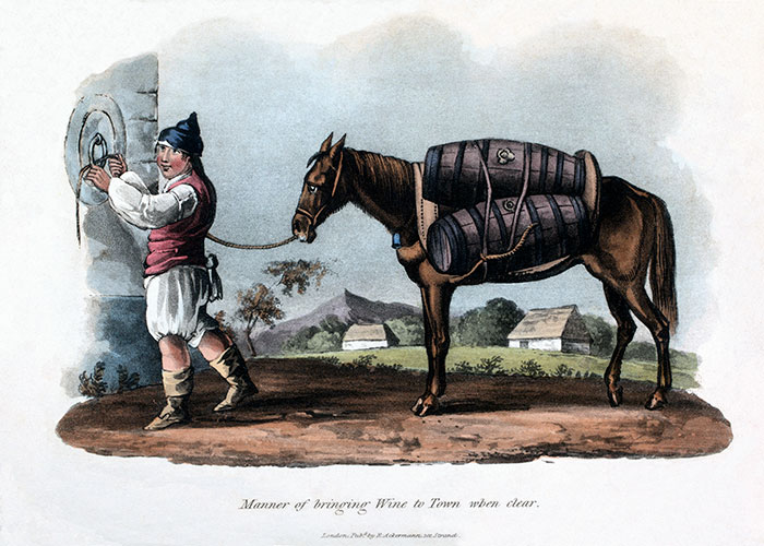 A Madère, transport du vin clair en ville - gravure de 1821  reproduite et restaurée par © Norbert Pousseur