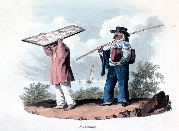 A Madère, pêcheur à la ligne, et son compagnon  - gravure de 1821  reproduite et restaurée par © Norbert Pousseur