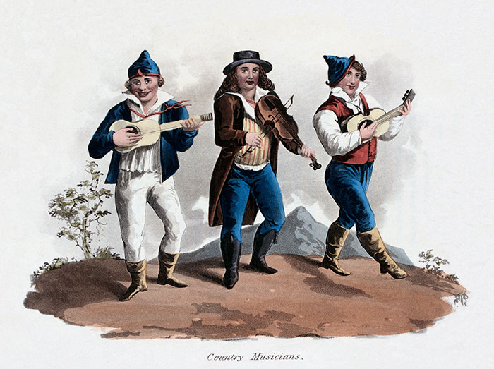 Na Madeira, músicos itinerantes - gravura de 1821 reproduzida e restaurada por © Norbert Pousseur